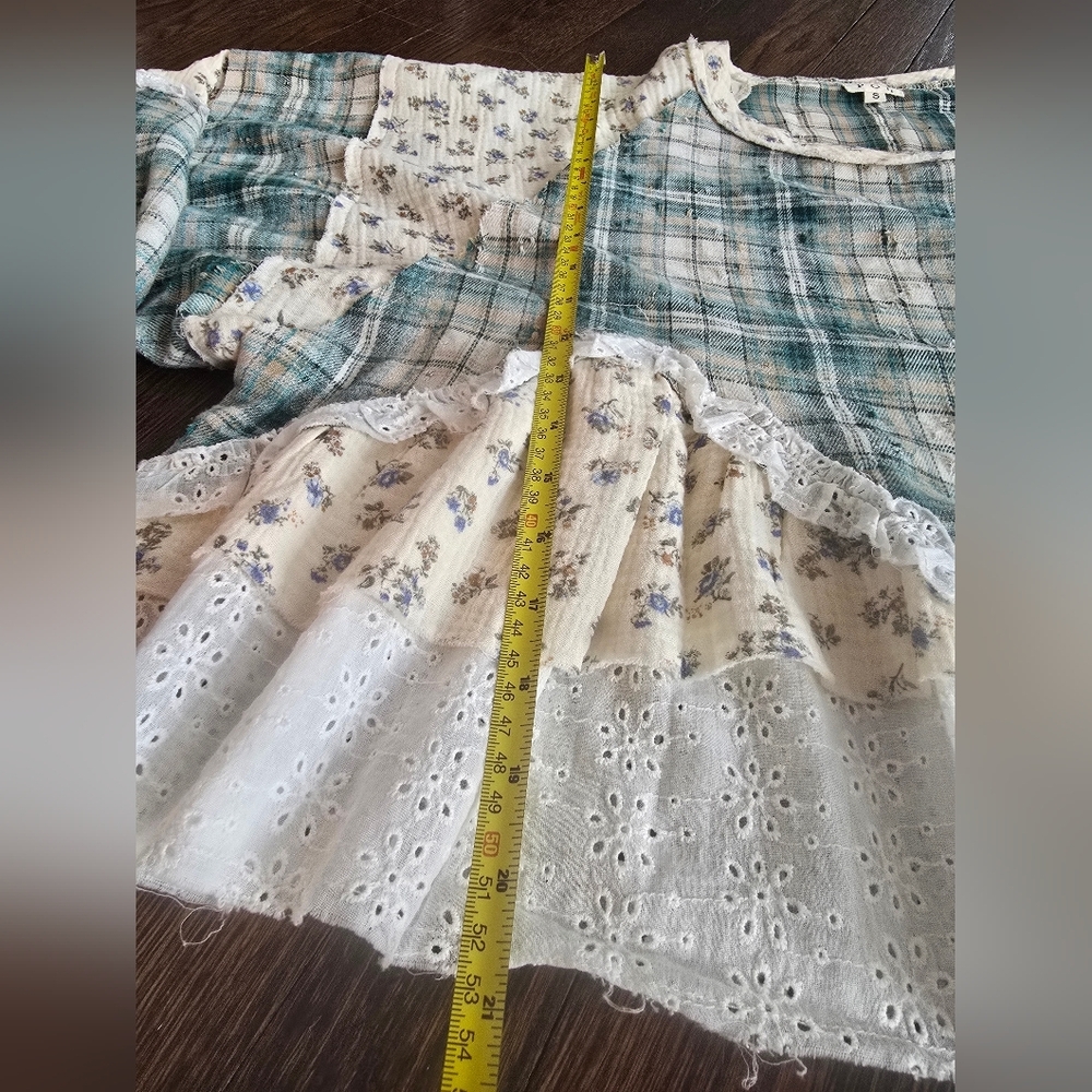 POL Green Plaid Flannel Mixed Media Patchwork Balloon Sleeve Baby Doll Top - Picture 12 of 15